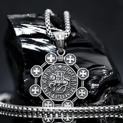 Intricately crafted sterling silver Templar pendant showcasing all Templar crosses with Knights Templar on horseback in the center with silver box chain, perfect for collectors of medieval and historical jewelry.