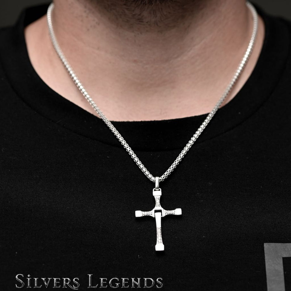 Men with 925 sterling silver cross necklace for men with cubic zirconia stones, breakaway arm design, paired with polished silver box chain in 22 or 24 inch length, modern men's religious jewelry set
