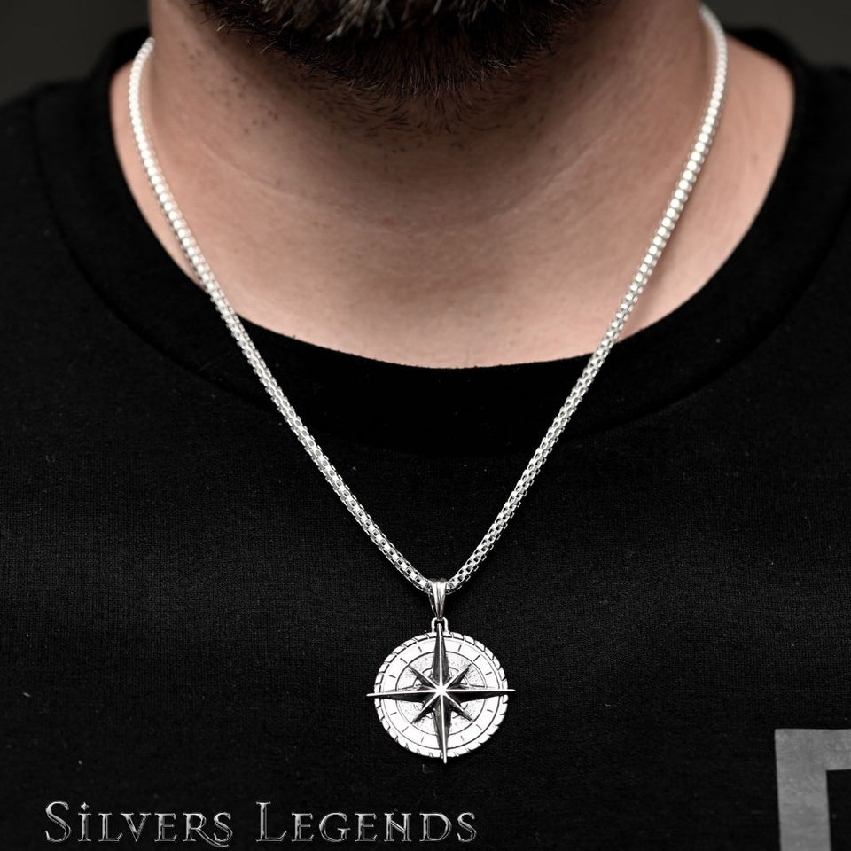 Men's Sterling Silver Compass Pendant North Star Silvers Legends