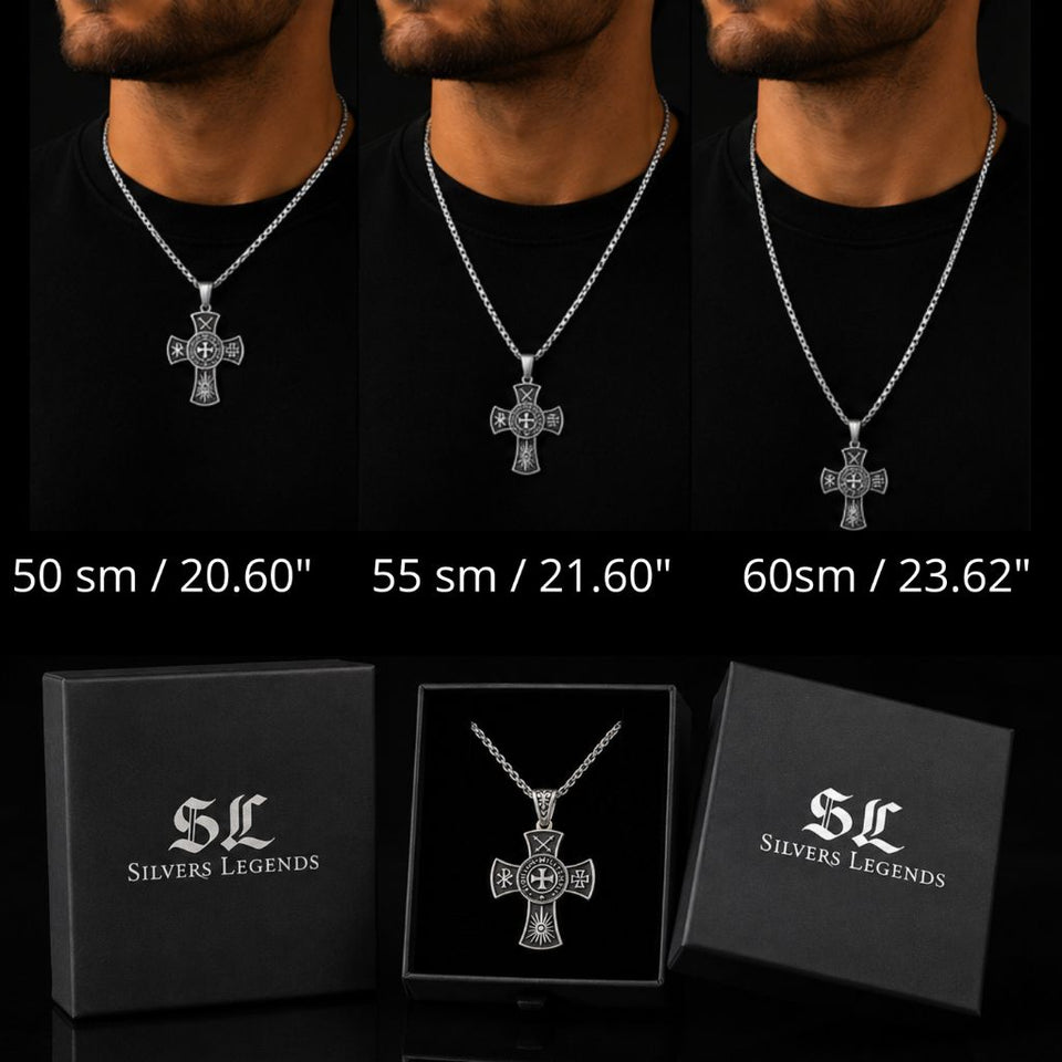 Silver cross necklace with three different lengths displayed on a black background, accompanied by 'Silvers Legends' packaging.