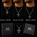Silver cross necklace with three different lengths displayed on a black background, accompanied by 'Silvers Legends' packaging.