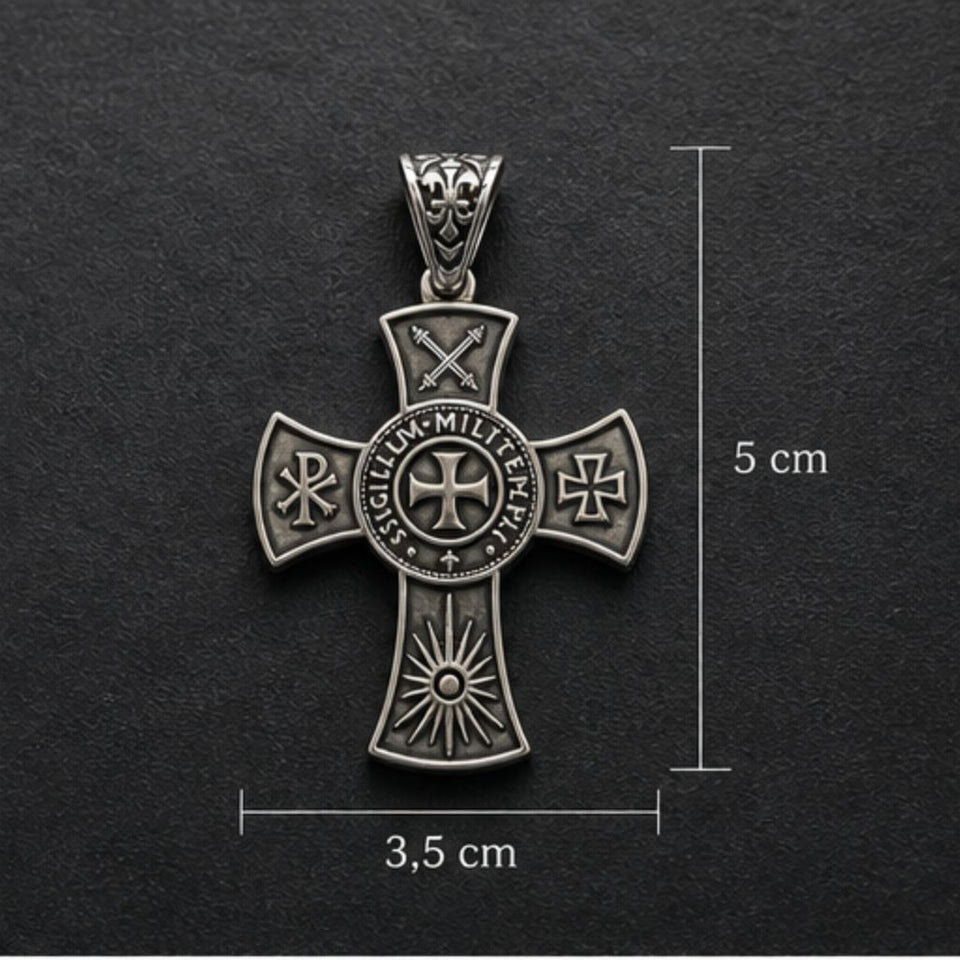 Silver cross pendant with intricate designs on a dark background, showing measurements.