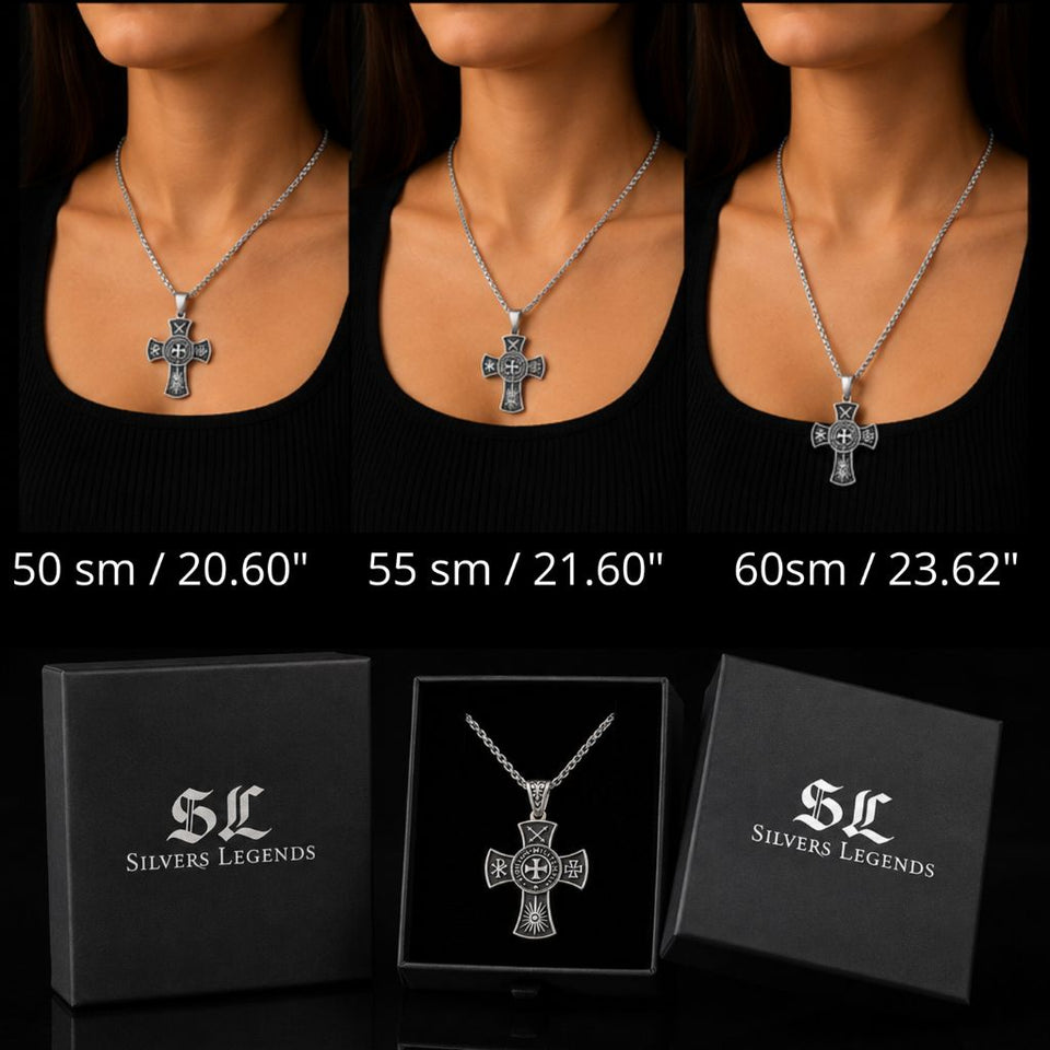 Silver cross necklace displayed on a person's neck with measurements, shown in three different lengths, and accompanied by 'Silvers Legends' packaging.
