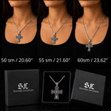 Silver cross necklace displayed on a person's neck with measurements, shown in three different lengths, and accompanied by 'Silvers Legends' packaging.