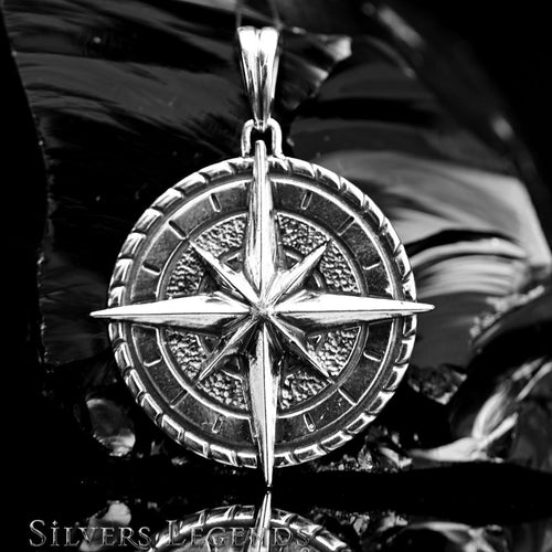 Sterling silver compass pendant with detailed cardinal points and textured surface, 925 silver nautical necklace charm for men, North Star travel talisman, gift for adventurers, travelers