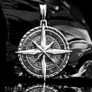 Sterling silver compass pendant with detailed cardinal points and textured surface, 925 silver nautical necklace charm for men, North Star travel talisman, gift for adventurers, travelers