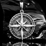Sterling silver compass pendant with detailed cardinal points and textured surface, 925 silver nautical necklace charm for men, North Star travel talisman, gift for adventurers, travelers