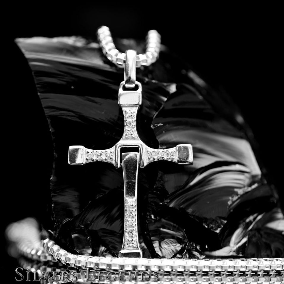 breakaway sterling silver cross necklace for men with cubic zirconia stones, paired with polished silver box chain in 22 or 24 inch length, modern men's religious jewelry set, inspired by