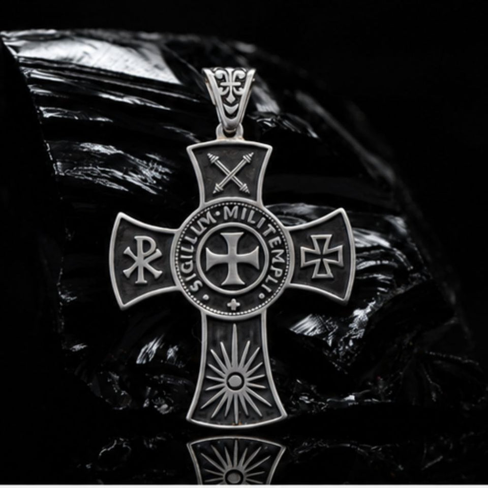 Templar Silver cross pendant with intricate designs on a dark background. Large sterling silver Templar cross necklace for 