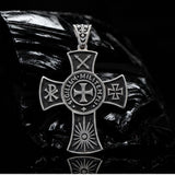Templar Silver cross pendant with intricate designs on a dark background. Large sterling silver Templar cross necklace for 