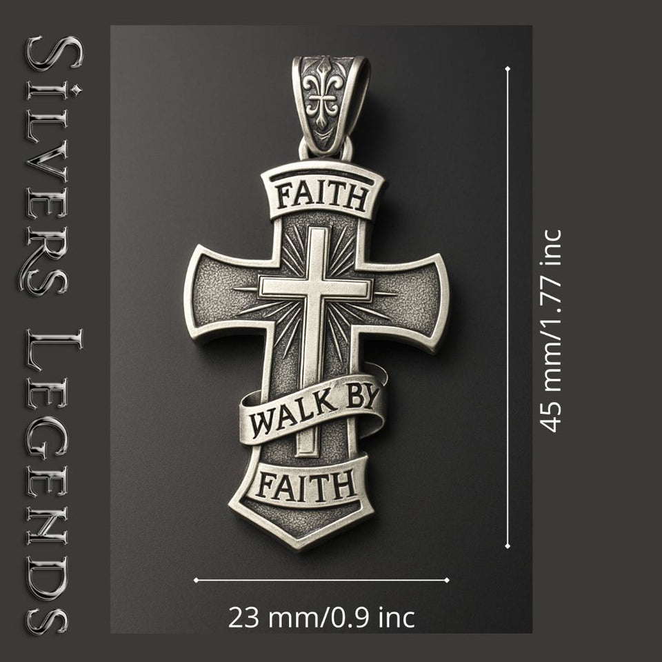 Silver cross pendant with 'Faith Walk by Faith' engraving on a dark background, featuring dimensions.