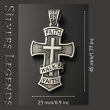 Silver cross pendant with 'Faith Walk by Faith' engraving on a dark background, featuring dimensions.