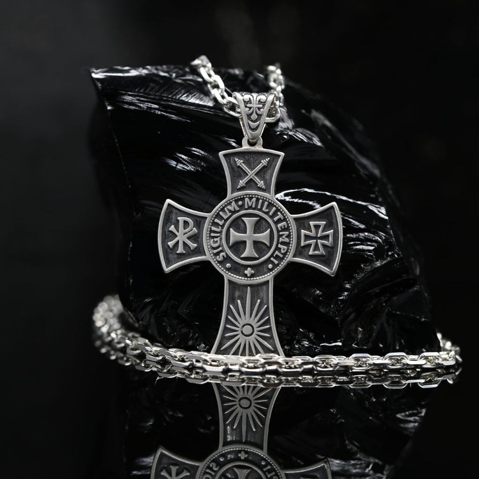 Genuine 925 silver cross necklace for men with an oversized Christian cross pendant, polished finish, detailed engravings, and optional sterling silver chain in multiple lengths.