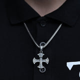 men with scross pendant with box chain, man wearing Sterling Silver 925 Templar Cross Necklace with Finely Crafted Templar Sword Pendant and Silver Box Chain - Complete Religious Jewelry Piece
