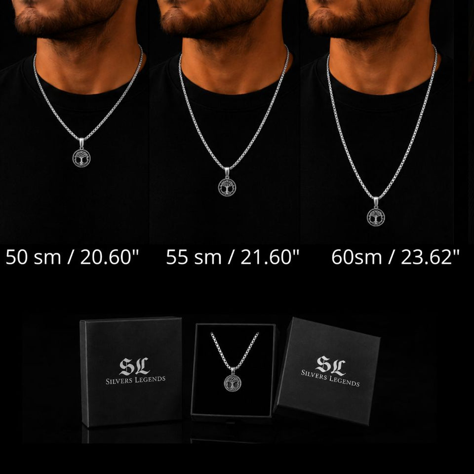 Three men's necks wearing silver chain necklaces with circular pendant charms, shown from the chest up on a black background. Text below lists lengths: 50 cm / 20.