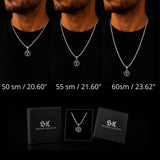Three men's necks wearing silver chain necklaces with circular pendant charms, shown from the chest up on a black background. Text below lists lengths: 50 cm / 20.