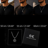 Male models wearing silver pendant necklaces are shown above a product display of a silver chain necklace with a round pendant, next to a black gift box branded 'Silver Legends'. Text indicates necklace lengths: 50 cm, 55 cm, and 60 cm.