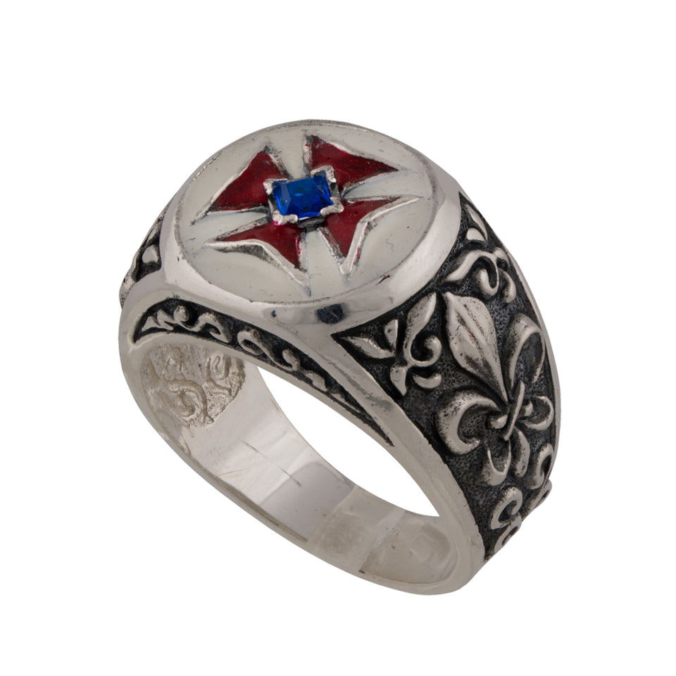 Sterling Silver 925 Masonic Knights Templar ring with red cross and blue stone, Templar cross ring is very fine Masonic Knights Templar catholic ring with red cross and blue stone, and it will suit with every men's style. Beutiful sterling silver 925 Freemason ring, ring represend the Templar seal. Religious Crusader vintage silver ring is perfect gift for him.  Christian jewelry is with original unique design with beautiful details.