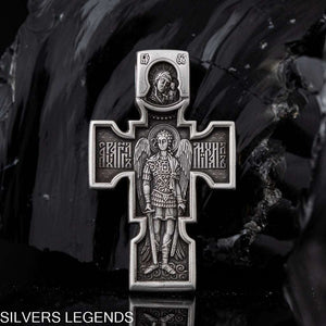 Archangel Michael cross pendant silver double sided, Sterling silver 925 men’s pendant, Christian cross pendant, Jesus Christ Crucifixion, religious jewel, Saint Archangel Michael, Oxidized Cristian medallion with chain, perfect gift for him, handcrafted sterling silver men's jewelry