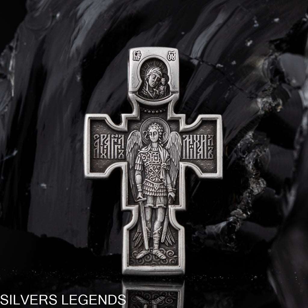 Archangel Michael cross pendant silver double sided, Sterling silver 925 men’s pendant, Christian cross pendant, Jesus Christ Crucifixion, religious jewel, Saint Archangel Michael, Oxidized Cristian medallion with chain, perfect gift for him, handcrafted sterling silver men's jewelry