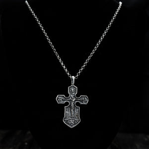 Sterling Silver 925 men’s cross "Crucifixion and the Mother of God" is large Christian pendant shaped like an anchor (symbol of hope and salvation), decorated with icons of Christ, the Virgin and saints with unique design, handmade. Oxidized Cristian medallion with panzer, anchor or rolo chain necklace is with top quality, best craftsmanship and is perfect gift for him. Check out other  handcrafted sterling silver men's jewelry at silverslegends.com. Cross with Chain Gucci 550 mm