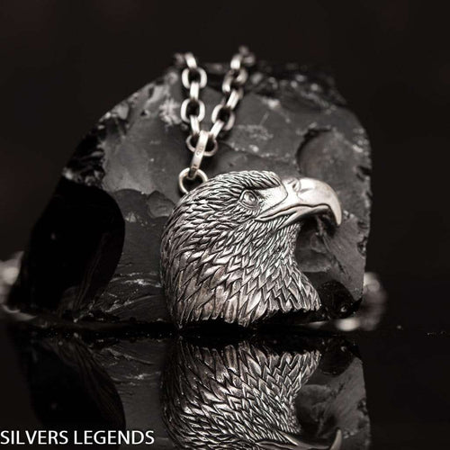 Eagle pendant silver, Sterling silver 925 unique 3D american eagle head men’s pendant is handmade animal lewelry and you can have it with or without silver chain necklace. This silver eagle medallion is big and very heavy animal jewelry and it’s perfect gift for him, it will suit with every men's style. Check out other sterling silver men's jewelry at silverslegends.com