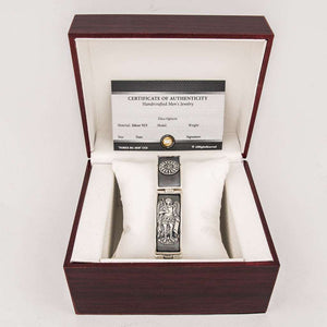 Stering silver 925 religious Archangel cuff bracelet Saint Michael and Saint Gabriel is very heavy, solid and oxidized bangle for men and it will suit in every dress style. Handmade St Archangel Michael and St Archangel Gabriel wristlet, with unique design and amazing artwork is a perfect gift for him or men’s gift. Check out other handcrafted sterling silver men's jewelry at silverslegends.com
