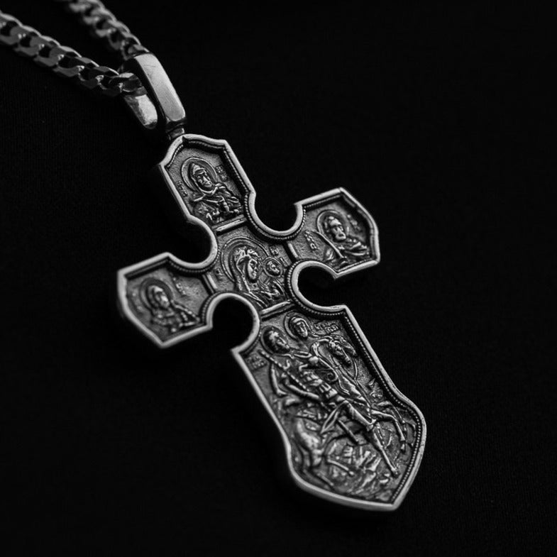 Sterling Silver 925 men’s cross "Crucifixion and the Mother of God" is large Christian pendant shaped like an anchor (symbol of hope and salvation), decorated with icons of Christ, the Virgin and saints with unique design, handmade. Oxidized Cristian medallion with panzer, anchor or rolo chain necklace is with top quality, best craftsmanship and is perfect gift for him. Check out other  handcrafted sterling silver men's jewelry at silverslegends.com. Cross with Chain Gucci 550 mm