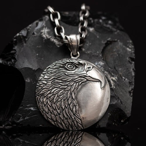 Eagle pendant silver, Sterling silver 925 unique american eagle head men’s pendant is handmade animal lewelry and you can have it with or without silver chain necklace. This silver eagle medallion is big and very heavy animal jewelry and it’s perfect gift for him, it will suit with every men's style. Check out other sterling silver men's jewelry at silverslegends.com