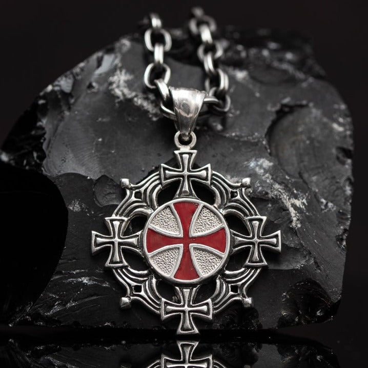 Templar pendant with red cross silver, Sterling silver 925 men's crusader pendant Knights Templar with red cross is a symbol of the religious order of Christian warrior associated with the Knights Templar, from the time of the Second Crusade (1145) and represented the knights' connection to the Church as well as their mission. Check out other handmade templar jewelry at silverslegends.com...