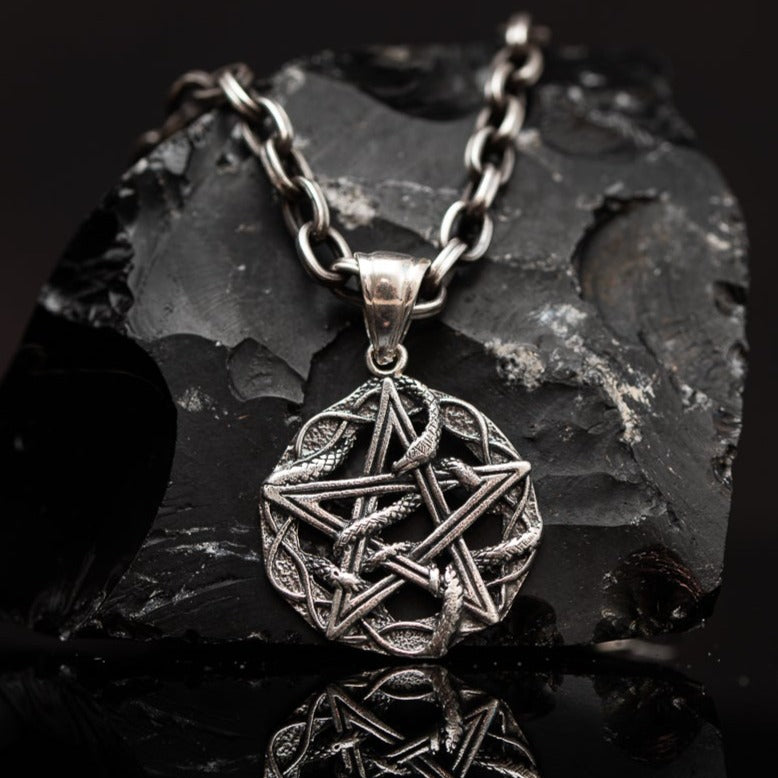 Snake pendant with pentagram silver, Sterling silver 925 men’s pendant 