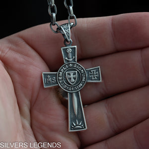 Silver oxidized cross pendant "Knights Templar Signum Militie" handmade, Unique Knights Templar Cross Pendant, Templar pendant with sword, Crusader pendant, Masonic pendant, Templar seal