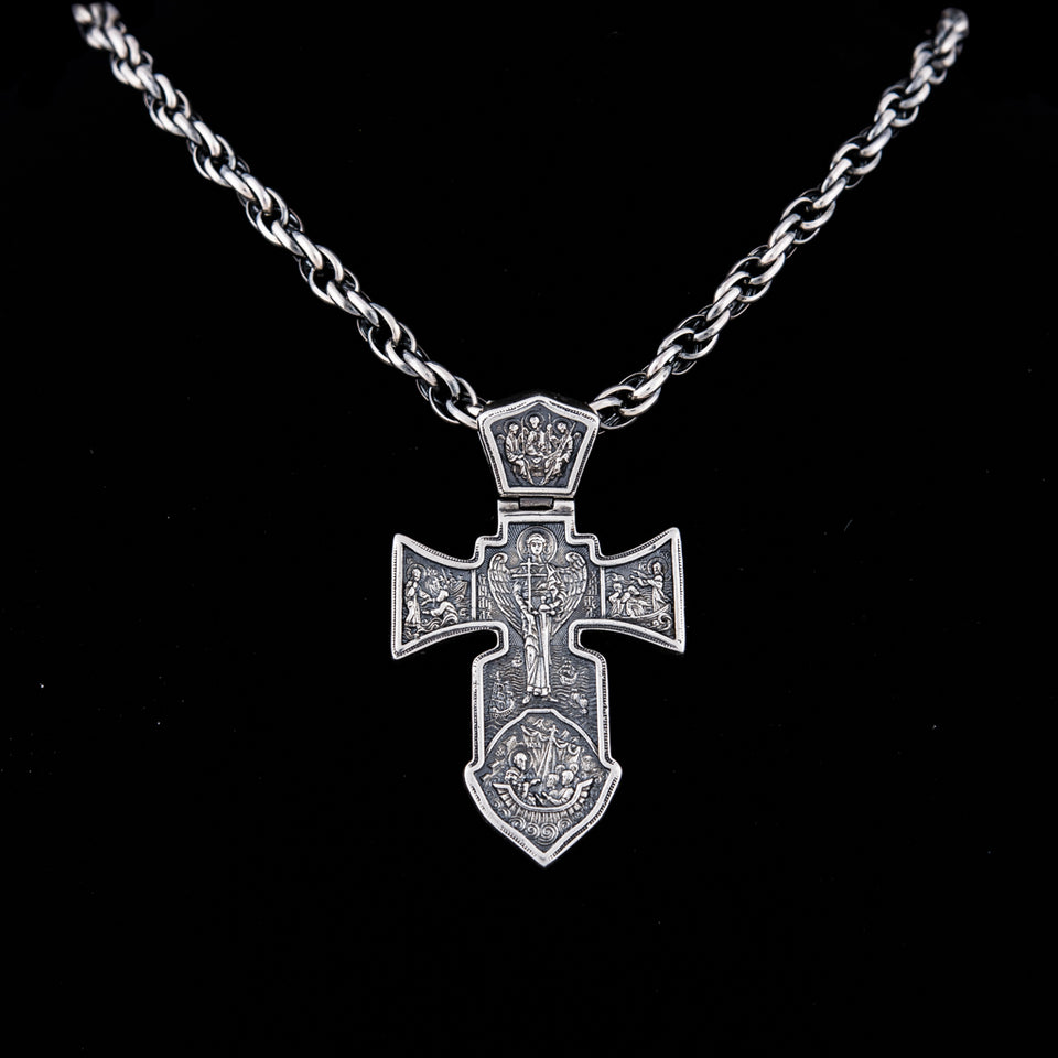 Silver Men’s Cross "Crucifixion and Guardian Angel-Michael the Archangel" is handmade, double sided cross pendant for men, from one side is Lord Jesus Christ- Crucifixion, from the other is Arhangel Michael - Guardian Angel. The lewel is with shape of sword and it’s men's solid silver pendant, you can have it with silver chain necklace. This Christian silver jewel is with beautiful details and amazing artwork. Check out other best handcrafted sterling silver men's jewelry at silverslegends.com