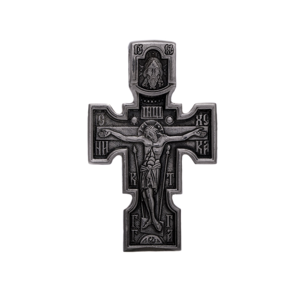 Sterling silver 925 men’s christian cross pendant is double-sided - on the obverse is the image of Jesus Christ "Crucifixion". On the other side of the religious jewel is Saint Archangel Michael, the most powerful of the angels. Above it is an icon of the Mother of God. Oxidized Cristian medallion with panzer, anchor or rolo chain necklace is with top quality, best craftsmanship and is perfect gift for him. Check out other  handcrafted sterling silver men's jewelry at silverslegends.com