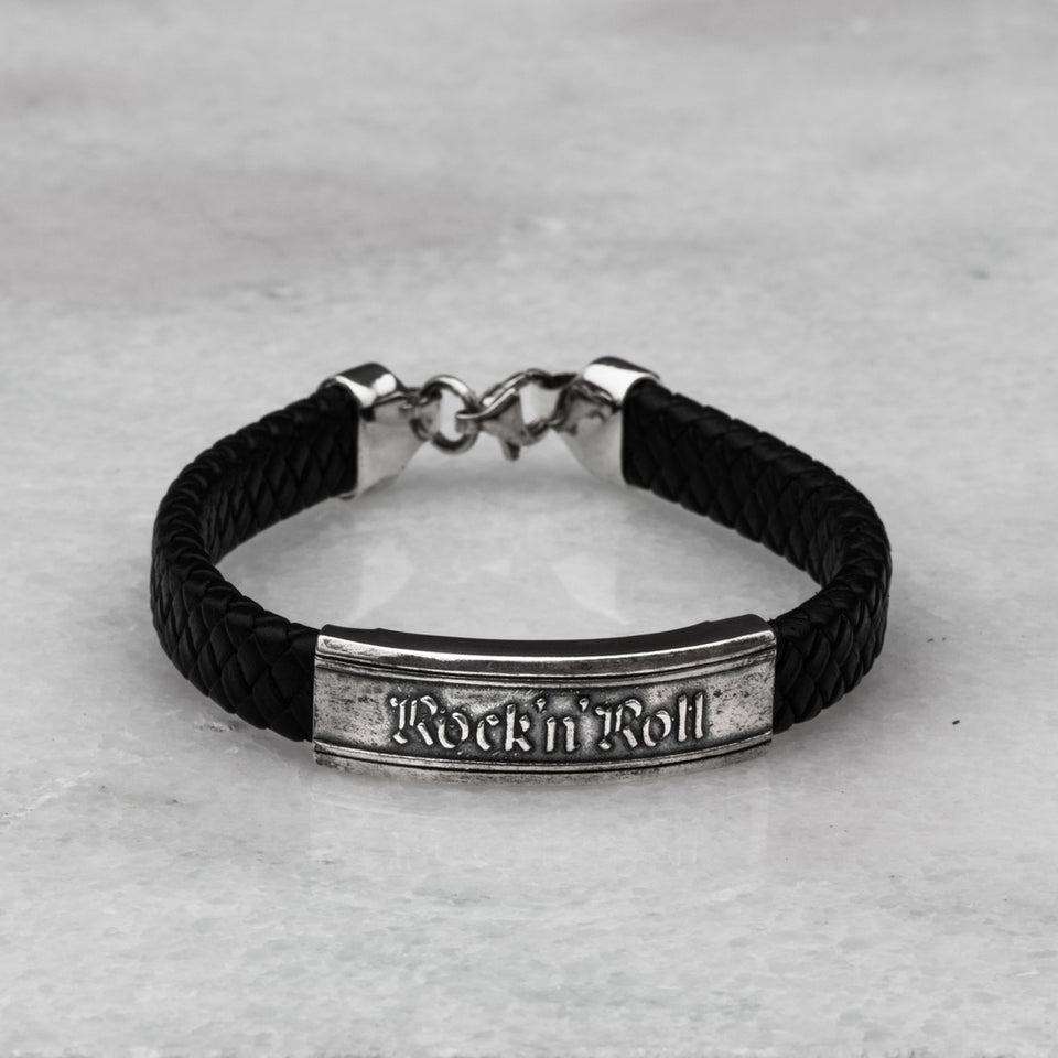 Silver leather bracelet "Rock'n'Roll" is handmade sterling silver 925 cuff bracelet "Rock And Roll" with black calf leather with original unique design, beautiful details and amazing artwork. Excellent new condition, stamped 925. Check out at silverslegends.com...