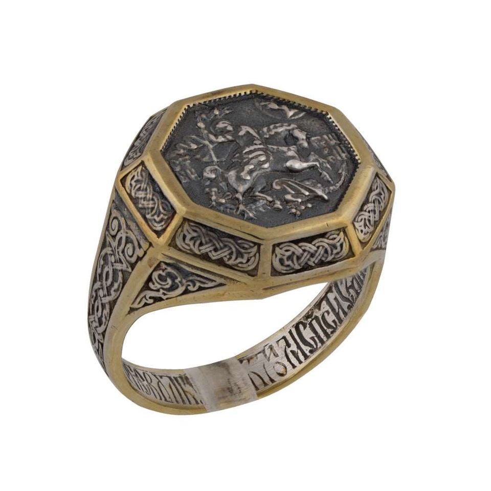 Saint George silver ring, Sterling silver 925 men’s ring “Saint George slaying the dragon” is handmade vintage religious jewelry, 10K gold plated with unique design, and amazing artwork. Silver St. George ring is stamped 925 and it will suit with every men's style. Check out other handcrafted, sterling silver men's jewelry at silverslegends.com