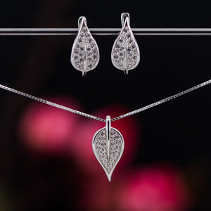 Set of silver pendant necklace and earrings "Leaf" - Charm silver jewelry female set, made with shining zircon, perfect choice as a fancy gift to your girlfriend, wife, mom, or female friends at Easter, anniversary, engagement, party, meeting, dating, wedding or usual wear. Beautiful, Hypoallergenic sterling silver jewelry set, suitable for almost all of sensitive skins. Check out other elegant jewelry for women at silverslegends.com...