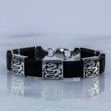 Sterling Silver 925 cuff bracelet Dragon with black calf leather, Handmade Minimalist leather jewelry with dragons, Silver And Leather Minimalist Cuff Bracelet for men "Dragon", leather jewelry with unique design, cleaned details and amazing artwork, top quality,  ckeck out other best handcrafted Sterling silver Men's Jewelry at silverslegends.com
