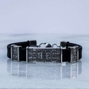 Silver and leather cuff bracelet with ornaments, Handmade sterling silver 925 cuff bracelet for men with black calf leather and ornaments is perfect gift for men. Cool men's silver and leather cuff bangle. Black calf leather minimalist wristlet with silver is a perfect gift for him.