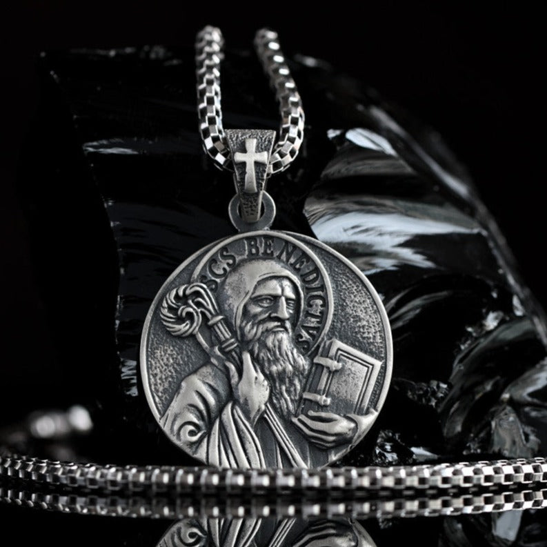 Sterling silver 925 Medieval Miraculous necklace St Benedict Exorcism, St Benedict oval medallion, Sterling silver 925 Catholic charm, Sacramental pendant with chain for men, Protection necklace