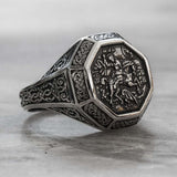 Sterling silver 925 men’s Ring “Saint George slaying the dragon” is handmade vintage religious jewelry with unique design, and amazing artwork. St. George ring is stamped 925 and it will suit with every men's style Check out other best handcrafted, sterling silver men's jewelry at silverslegends.com