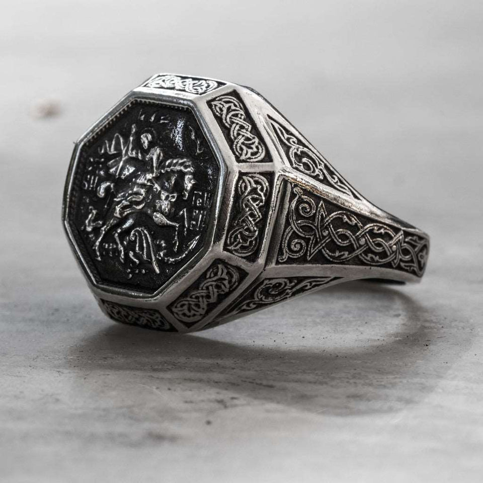 Sterling silver 925 men’s Ring “Saint George slaying the dragon” is handmade vintage religious jewelry with unique design, and amazing artwork. St. George ring is stamped 925 and it will suit with every men's style Check out other best handcrafted, sterling silver men's jewelry at silverslegends.com