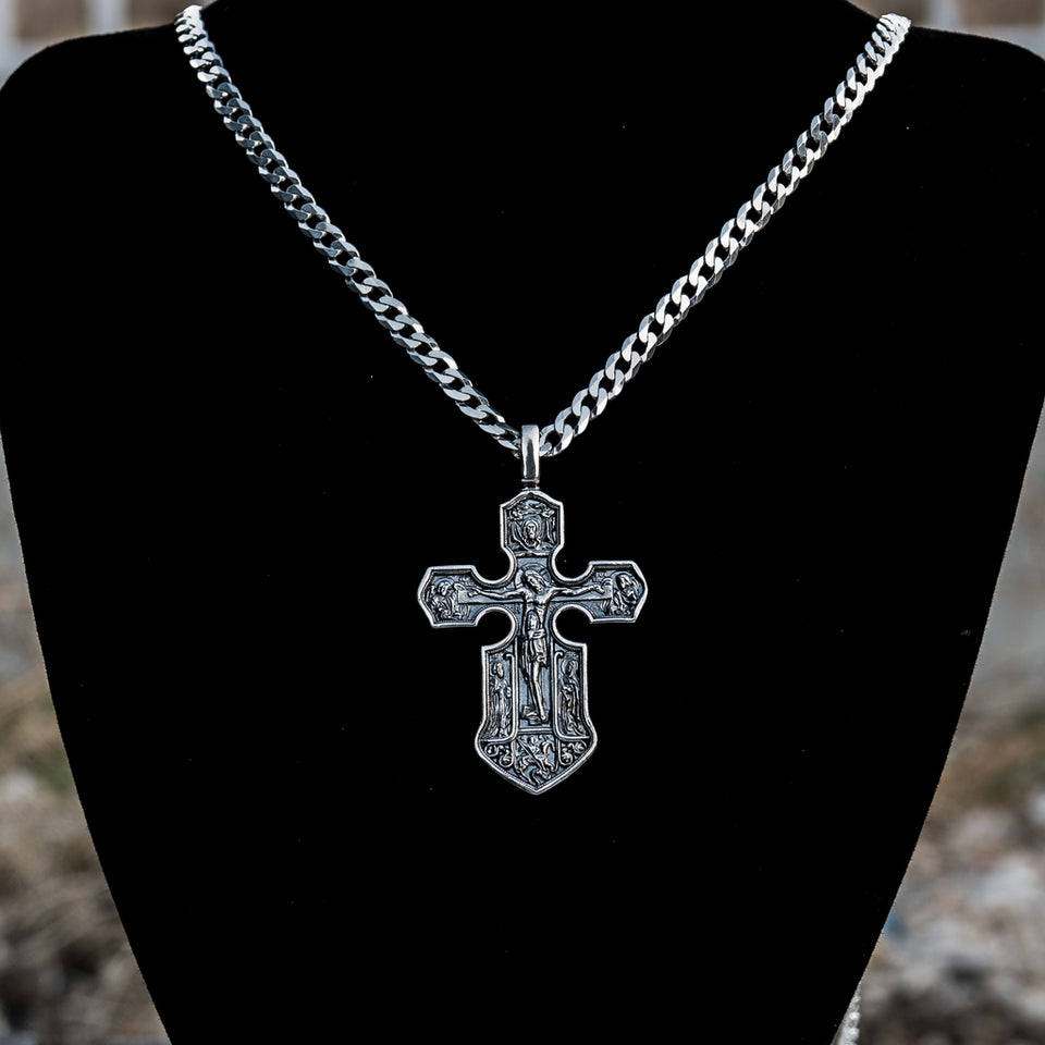 Sterling Silver 925 men’s cross "Crucifixion and the Mother of God" is large Christian pendant shaped like an anchor (symbol of hope and salvation), decorated with icons of Christ, the Virgin and saints with unique design, handmade. Oxidized Cristian medallion with panzer, anchor or rolo chain necklace is with top quality, best craftsmanship and is perfect gift for him. Check out other  handcrafted sterling silver men's jewelry at silverslegends.com