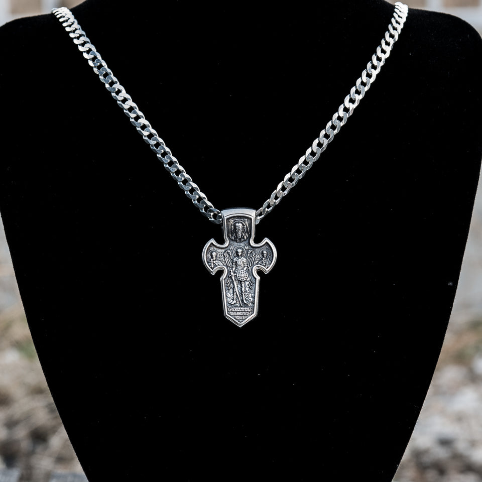 Sterling silver 925 Archangel Michael men’s pendant with or without silver chain necklace, Religious Locket Archangel Guardian is perfect gift for him. Silver Men’s Cross "Archangel Michael and Crucifixion" is handmade religious archangel jewelry and it’s double-sided, with original unique design and amazing art work. This Vintage Pendant is with technique-filled miniature relief. Check ot other men's jewelry at silverslegends.com