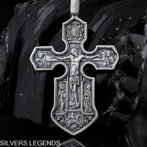 Silver Men’s Cross "Crucifixion and the Mother of God" Handmade