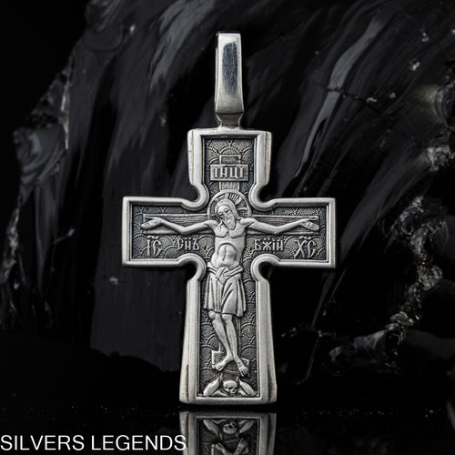 Double side Silver Men’s Cross pendant Crucifixion, Handmade cross pendant with saints, saints cross pendant silver, Mother of God pendant silver, cross pendant Cricifix silver, Silver Cross 