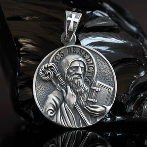 St Benedict medal Exorcism silver circle sacramental medallion holding a wand rule for monasteries, ilver Medieval Miraculous necklace St Benedict Exorcism, St Benedict oval medallion, Sterling silver 925 Catholic charm,