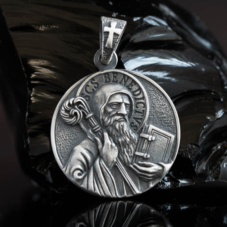 St Benedict medal Exorcism, Sacramental pendant for men silver