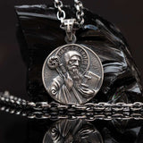 St Benedict medal Exorcism, St Benedict sacramental pendant necklace with oxidized rollo chain. St Benedict patron medal silver with prayer. Circle Catholic charm, St Benedict holding a wand and his rule for monasteries medallion 