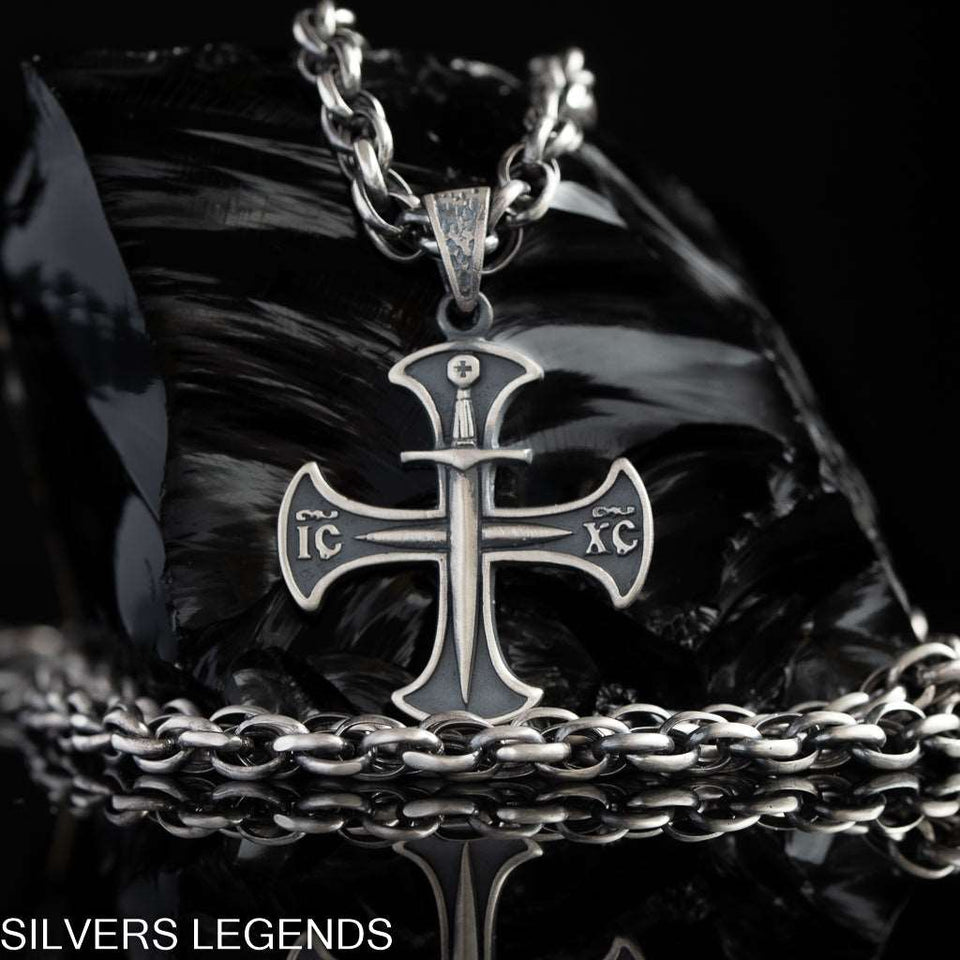 Sterling Silver Oxidized Men's Cross Pendant Knights Templar, Templar Sword silver, Crusader pendant silver, Templar sword pendant with rope chain, gift for him